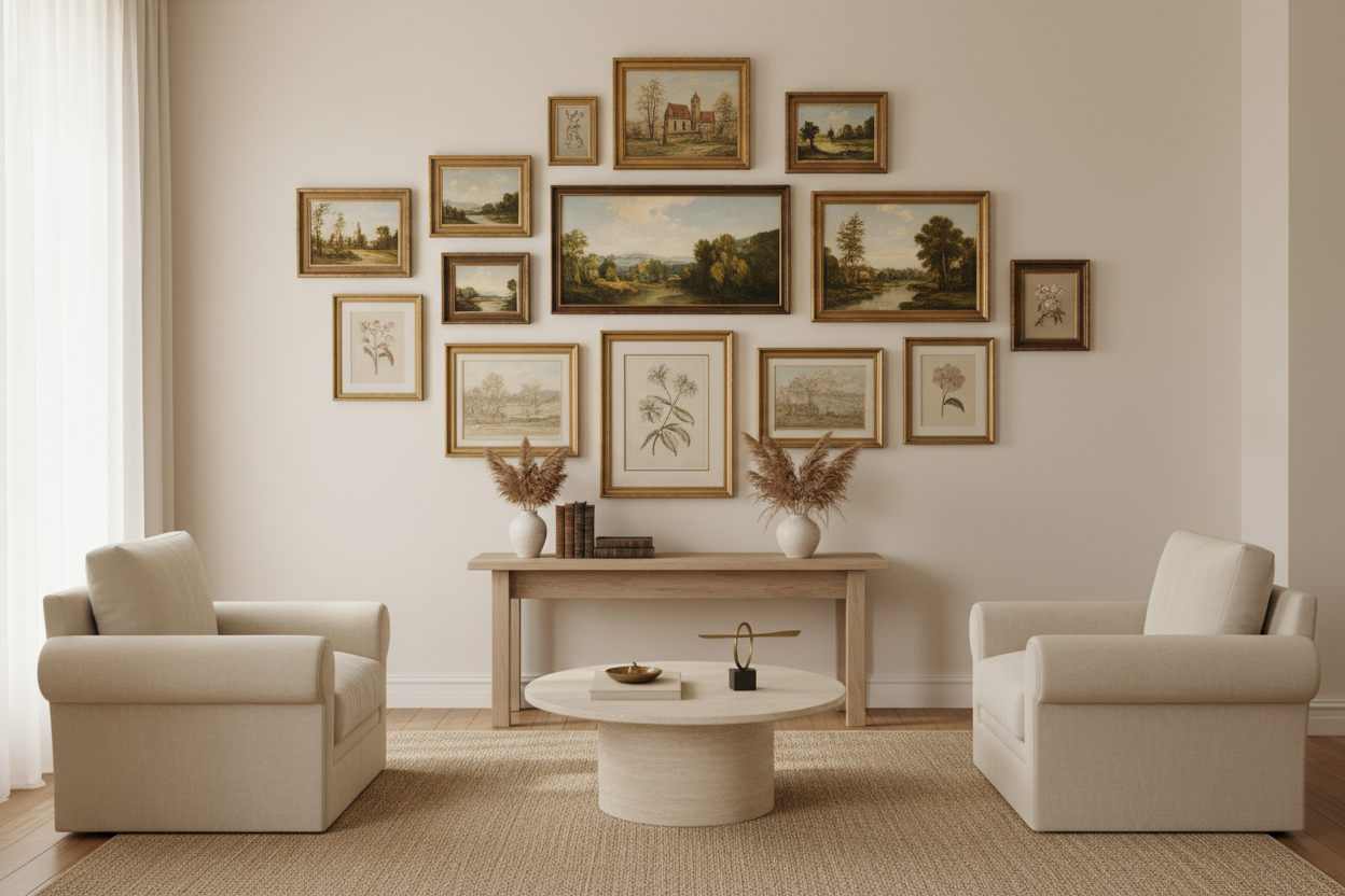 jag vill ha en bild som har tavlor på väggarna som är old money design och stilrent ljus